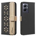 For vivo Y78 5G / Y36 Splicing Color Hollow Flower Pattern RFID Leather Phone Case(Black)