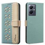 For vivo Y78 5G / Y36 Splicing Color Hollow Flower Pattern RFID Leather Phone Case(Green)