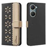 For vivo Y03 4G Global Splicing Color Hollow Flower Pattern RFID Leather Phone Case(Black)