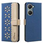 For vivo Y03 4G Global Splicing Color Hollow Flower Pattern RFID Leather Phone Case(Dark Blue)