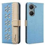 For vivo Y03 4G Global Splicing Color Hollow Flower Pattern RFID Leather Phone Case(Baby Blue)
