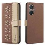 For vivo Y27 4G Splicing Color Hollow Flower Pattern RFID Leather Phone Case(Brown)