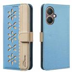 For vivo Y27 4G Splicing Color Hollow Flower Pattern RFID Leather Phone Case(Baby Blue)