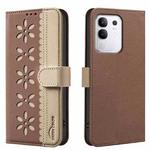 For vivo Y29 4G Splicing Color Hollow Flower Pattern RFID Leather Phone Case(Brown)