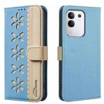 For vivo Y29 4G Splicing Color Hollow Flower Pattern RFID Leather Phone Case(Baby Blue)