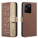 For vivo Y35 4G / Y22S Splicing Color Hollow Flower Pattern RFID Leather Phone Case(Brown)