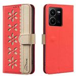 For vivo Y35 4G / Y22S Splicing Color Hollow Flower Pattern RFID Leather Phone Case(Red)