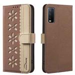 For vivo Y20 Splicing Color Hollow Flower Pattern RFID Leather Phone Case(Brown)