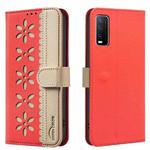 For vivo Y20 Splicing Color Hollow Flower Pattern RFID Leather Phone Case(Red)