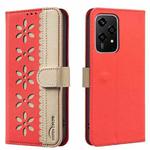 For Honor 200 Lite Splicing Color Hollow Flower Pattern RFID Leather Phone Case(Red)