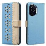 For Honor 300 Pro 5G / 300 Ultra 5G Splicing Color Hollow Flower Pattern RFID Leather Phone Case(Baby Blue)