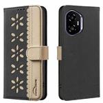 For Honor 300 Splicing Color Hollow Flower Pattern RFID Leather Phone Case(Black)