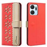 For Honor X7A Splicing Color Hollow Flower Pattern RFID Leather Phone Case(Red)