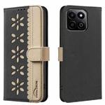 For Honor X7C / 200 Smart 5G Splicing Color Hollow Flower Pattern RFID Leather Phone Case(Black)