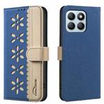 For Honor X8B Splicing Color Hollow Flower Pattern RFID Leather Phone Case(Dark Blue)