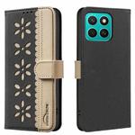For Honor X8C Splicing Color Hollow Flower Pattern RFID Leather Phone Case(Black)
