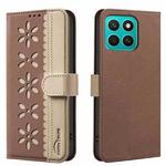 For Honor X8C Splicing Color Hollow Flower Pattern RFID Leather Phone Case(Brown)