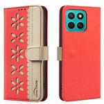 For Honor X8C Splicing Color Hollow Flower Pattern RFID Leather Phone Case(Red)