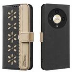 For Honor X9B / Magic6 Lite Splicing Color Hollow Flower Pattern RFID Leather Phone Case(Black)