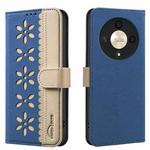 For Honor X9B / Magic6 Lite Splicing Color Hollow Flower Pattern RFID Leather Phone Case(Dark Blue)