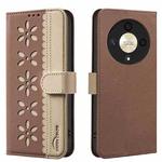 For Honor X9B / Magic6 Lite Splicing Color Hollow Flower Pattern RFID Leather Phone Case(Brown)