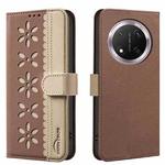 For Honor X9C / Magic7 Lite Splicing Color Hollow Flower Pattern RFID Leather Phone Case(Brown)