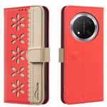 For Honor X9C / Magic7 Lite Splicing Color Hollow Flower Pattern RFID Leather Phone Case(Red)