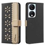 For Honor X7B Splicing Color Hollow Flower Pattern RFID Leather Phone Case(Black)