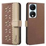 For Honor X7B Splicing Color Hollow Flower Pattern RFID Leather Phone Case(Brown)