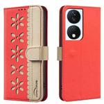 For Honor X7B Splicing Color Hollow Flower Pattern RFID Leather Phone Case(Red)