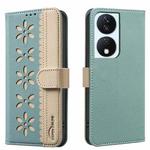 For Honor X7B Splicing Color Hollow Flower Pattern RFID Leather Phone Case(Green)