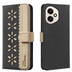 For Honor 400 Global 156.5mm Splicing Color Hollow Flower Pattern RFID Leather Phone Case(Black)