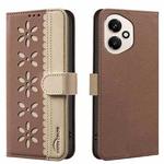 For Honor 400 Global 156.5mm Splicing Color Hollow Flower Pattern RFID Leather Phone Case(Brown)