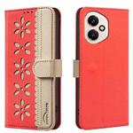 For Honor 400 Global 156.5mm Splicing Color Hollow Flower Pattern RFID Leather Phone Case(Red)