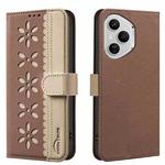 For Honor 400 Pro Global 160.8mm Splicing Color Hollow Flower Pattern RFID Leather Phone Case(Brown)