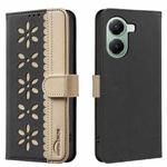 For Redmi Turbo 4 Splicing Color Hollow Flower Pattern RFID Leather Phone Case(Black)