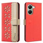 For Redmi Turbo 4 Splicing Color Hollow Flower Pattern RFID Leather Phone Case(Red)