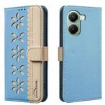 For Redmi Turbo 4 Splicing Color Hollow Flower Pattern RFID Leather Phone Case(Baby Blue)