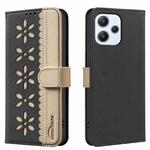 For Redmi 12 4G Splicing Color Hollow Flower Pattern RFID Leather Phone Case(Black)
