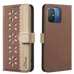 For Redmi 12C Splicing Color Hollow Flower Pattern RFID Leather Phone Case(Brown)