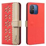 For Redmi 12C Splicing Color Hollow Flower Pattern RFID Leather Phone Case(Red)