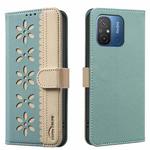 For Redmi 12C Splicing Color Hollow Flower Pattern RFID Leather Phone Case(Green)