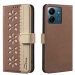 For Redmi 13C Splicing Color Hollow Flower Pattern RFID Leather Phone Case(Brown)