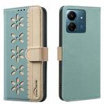 For Redmi 13C Splicing Color Hollow Flower Pattern RFID Leather Phone Case(Green)