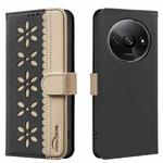 For Redmi A3 Splicing Color Hollow Flower Pattern RFID Leather Phone Case(Black)