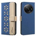 For Redmi A3 Splicing Color Hollow Flower Pattern RFID Leather Phone Case(Dark Blue)