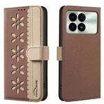 For Redmi K70 / K70 Pro Splicing Color Hollow Flower Pattern RFID Leather Phone Case(Brown)