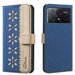 For Redmi K70E Splicing Color Hollow Flower Pattern RFID Leather Phone Case(Dark Blue)