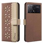 For Redmi K70E Splicing Color Hollow Flower Pattern RFID Leather Phone Case(Brown)
