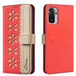 For Redmi Note 10 4G / Note 10S Splicing Color Hollow Flower Pattern RFID Leather Phone Case(Red)